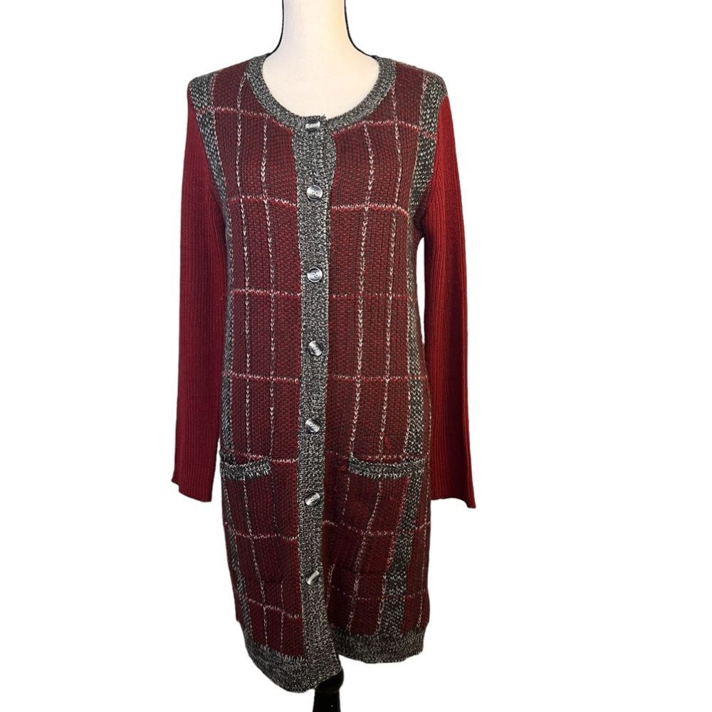NWOT Hem & Thread Long Button Front Cardigan Wine Gray Medium Duster Sweater